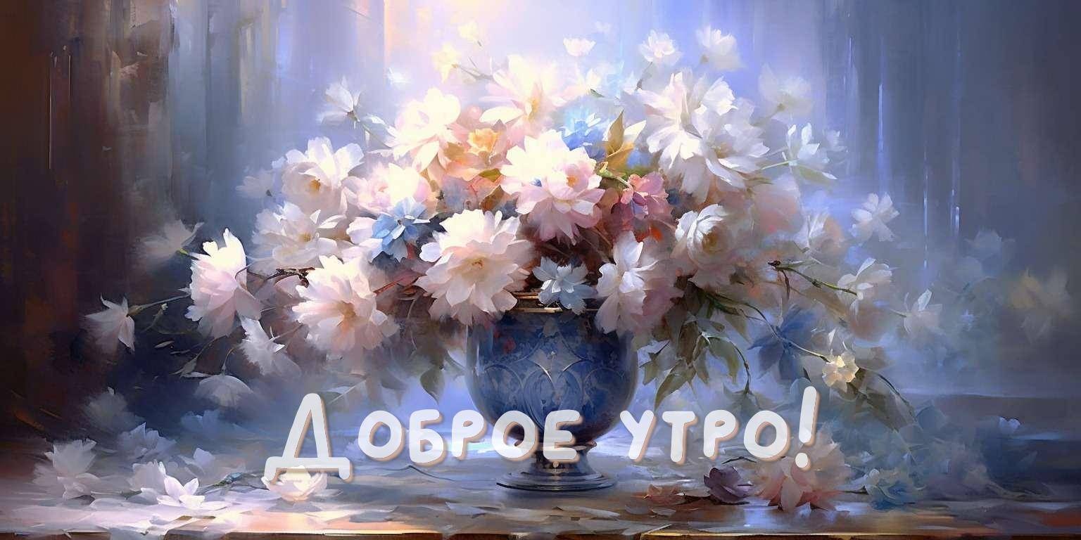 Букет пышных цветов в синей вазе