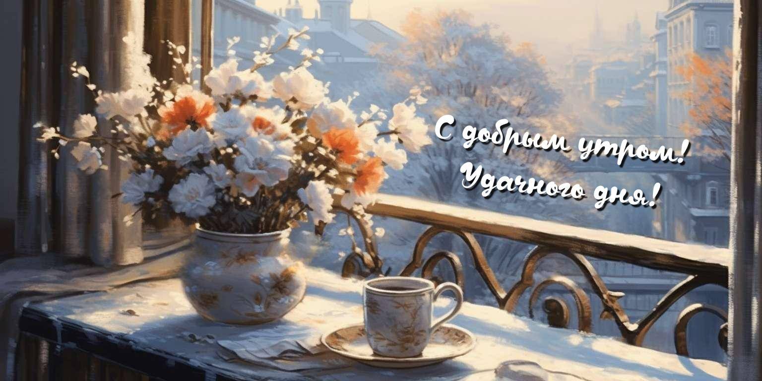 Букет цветов на подоконнике, чашка кофе, утренний город