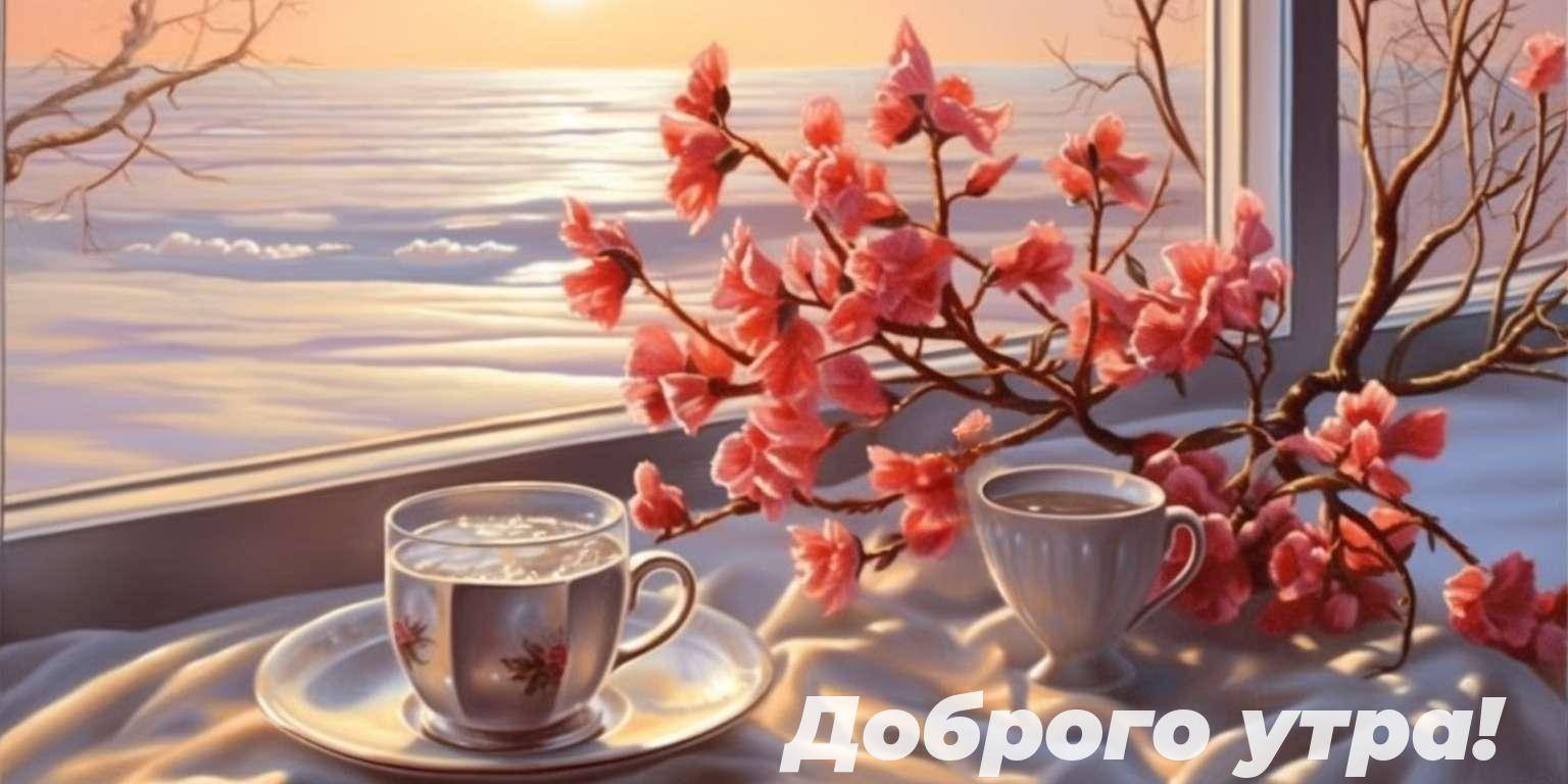 Чашка чая и цветущая ветка на фоне зимнего пейзажа