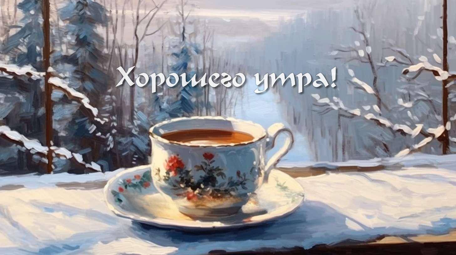 Чашка чая на подносе с видом на заснеженный лес