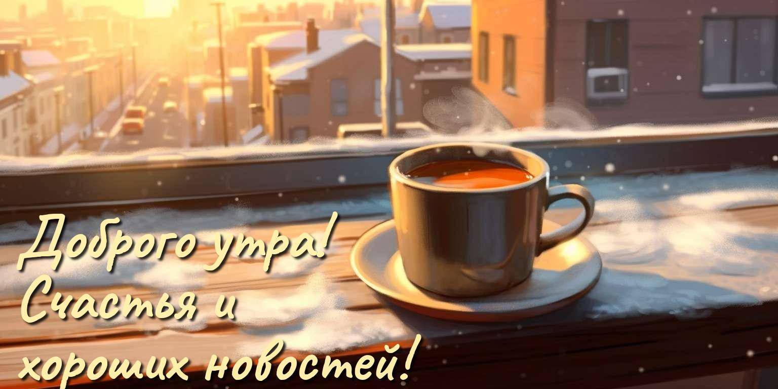 Чашка чая на подоконнике, зимнее утро, свет солнца