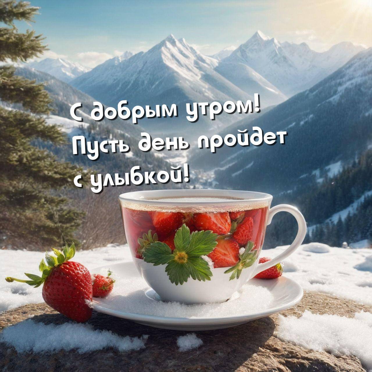 Чашка чая с клубникой на фоне заснеженных гор