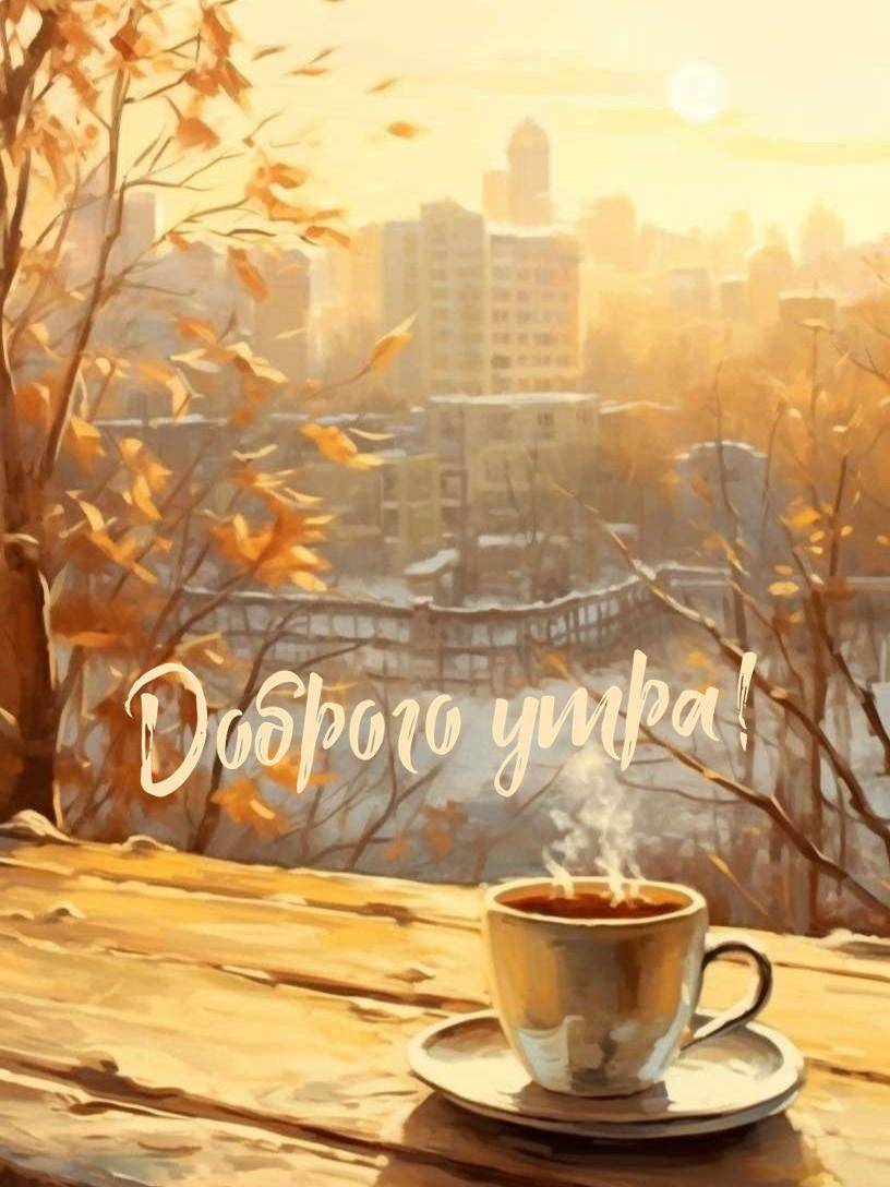 Чашка кофе на деревянной поверхности с видом на город