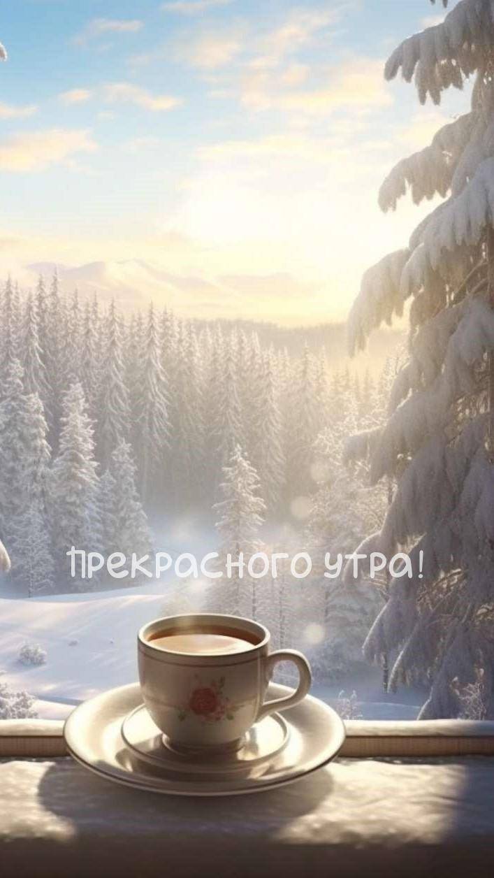 Чашка кофе на подоконнике с видом на заснеженный лес