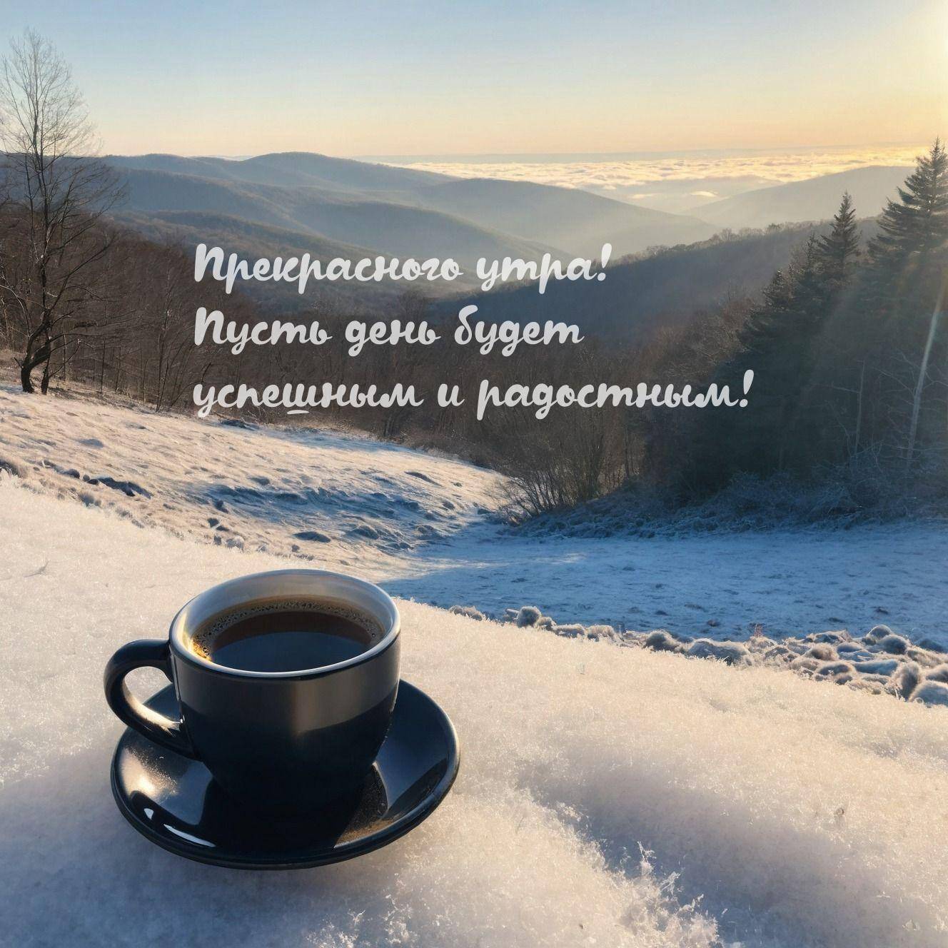 Чашка кофе на снегу, горы, рассвет