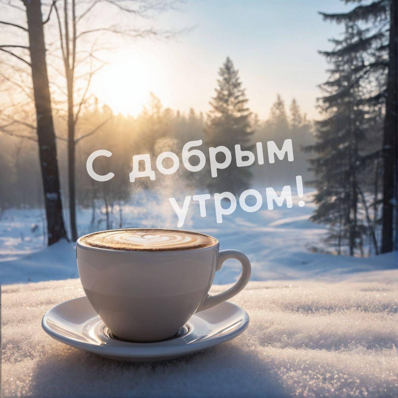 Чашка кофе на снегу, пар, зимний лес