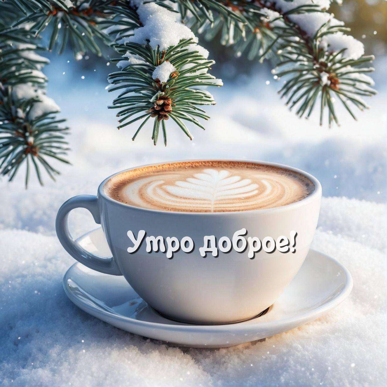 Чашка кофе на снегу под елью