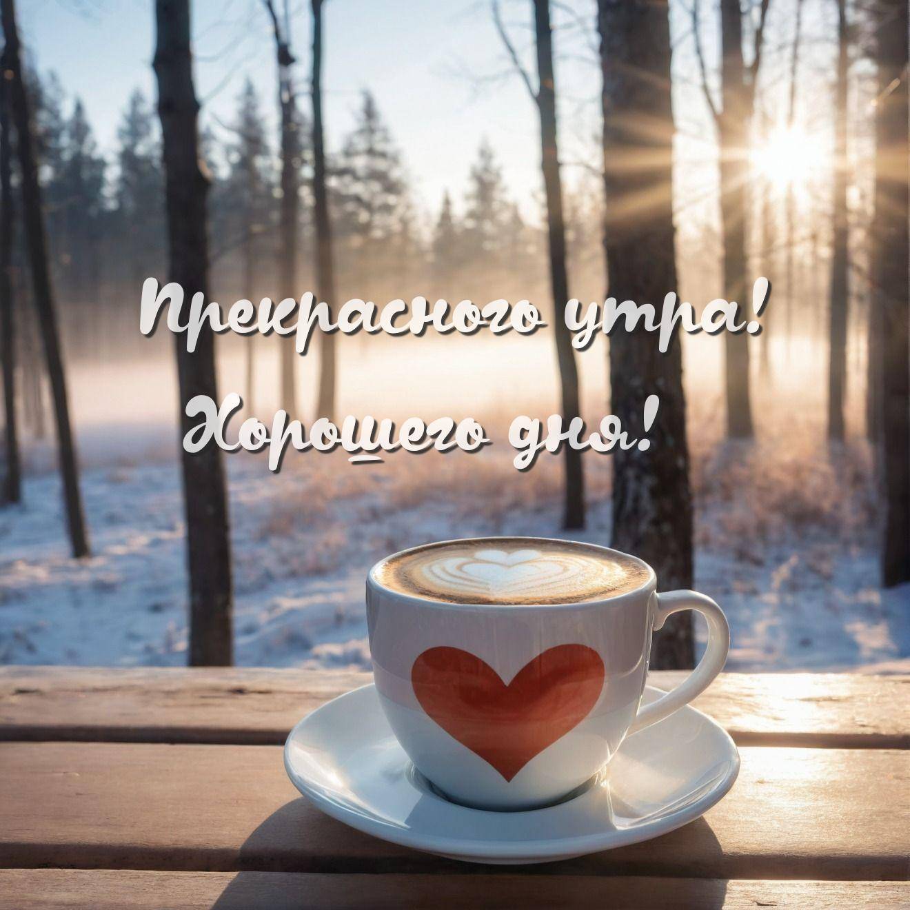 Чашка кофе с сердцем на пенке, на фоне утреннего леса и тумана