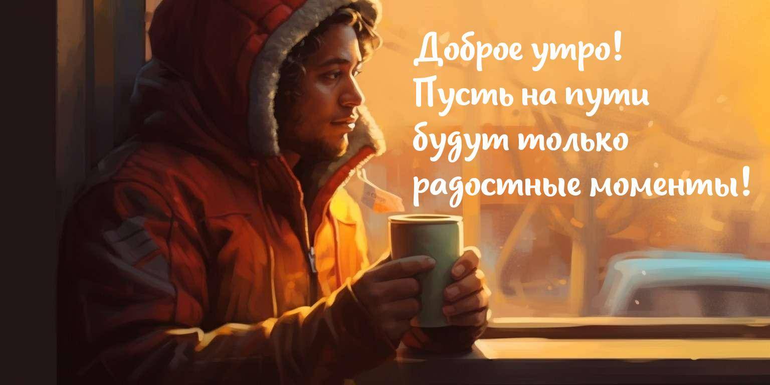 Человек в красной куртке с чашкой у окна