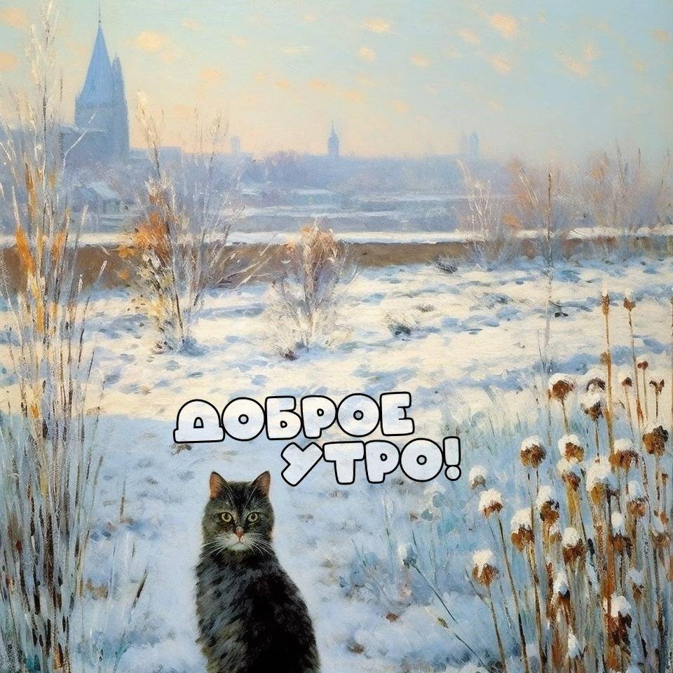 Черный кот в снегу, зимний пейзаж с рекой
