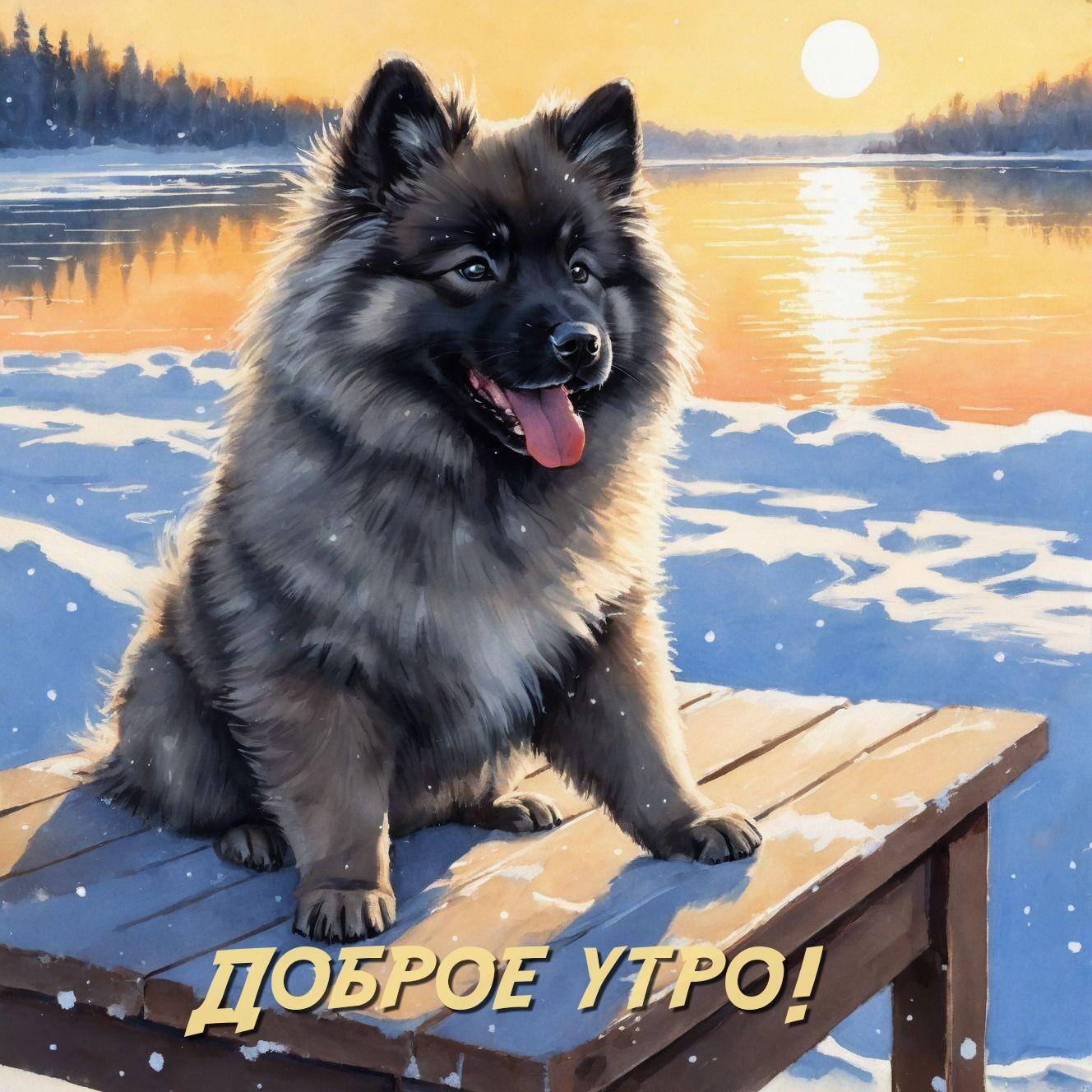 Черный пушистый пес на фоне зимнего пейзажа