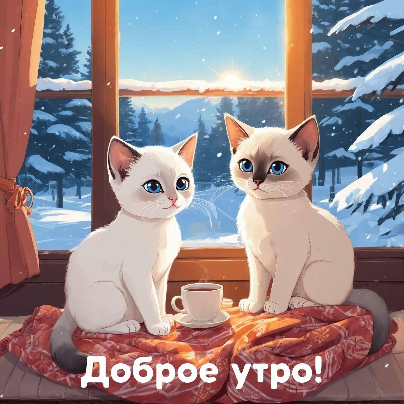 Два кота с голубыми глазами на красном пледе у окна