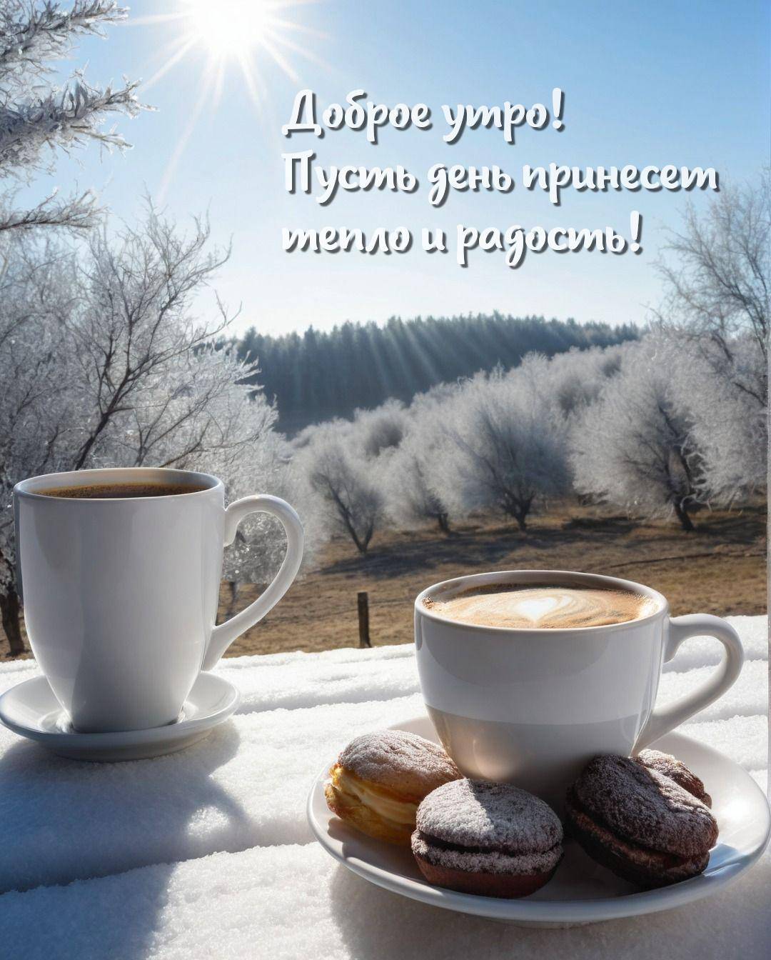Два кружки кофе и макароны на снегу