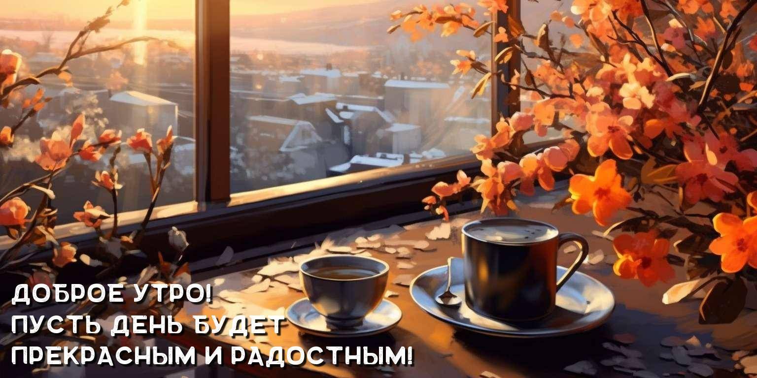 Два кружки кофе на подоконнике с цветами