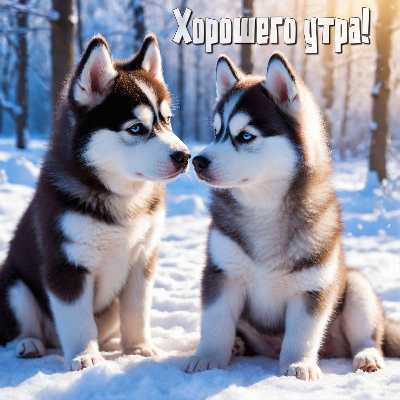 Два сибирских хаски в снежном лесу