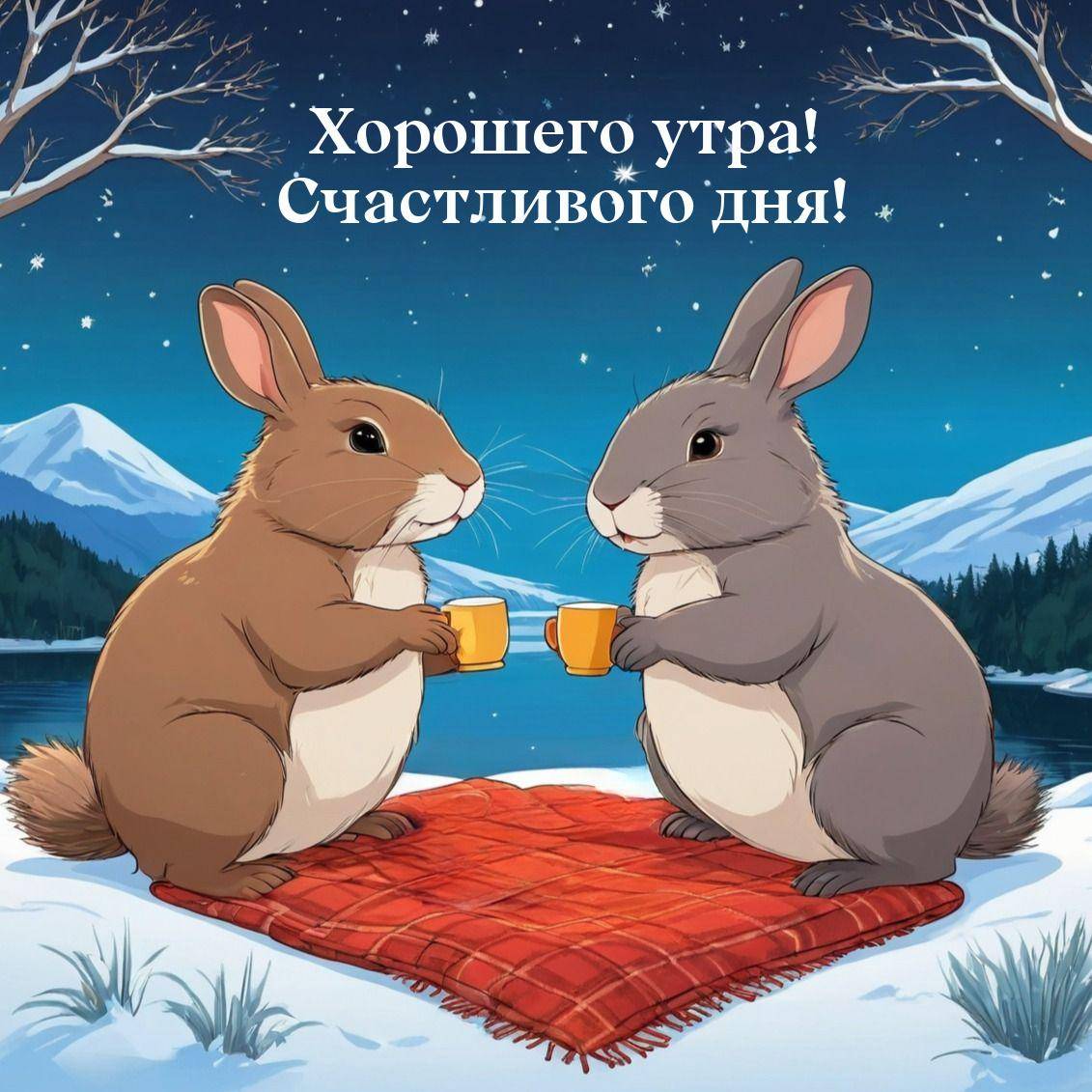 Два зайца на пикнике у озера