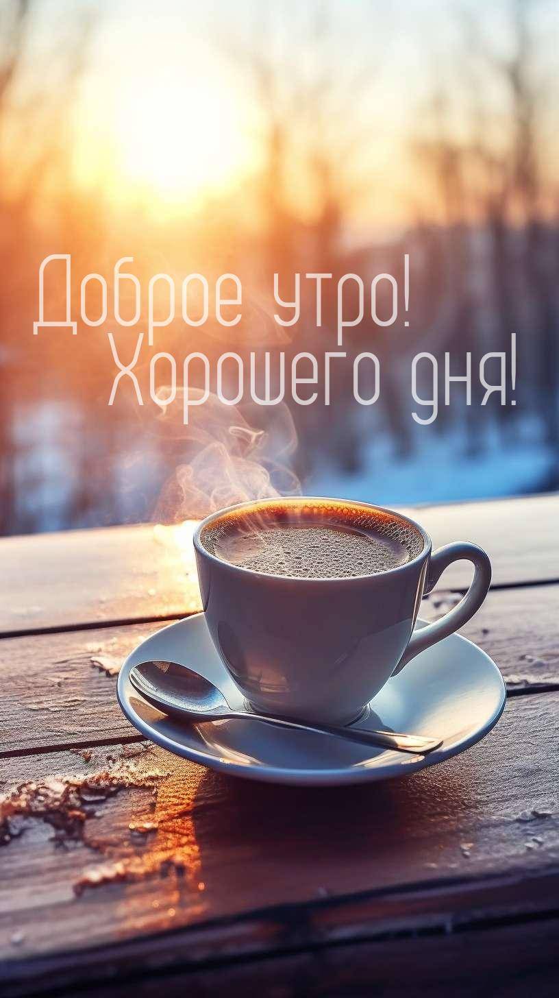 Горячий кофе на деревянном столе на фоне рассвета