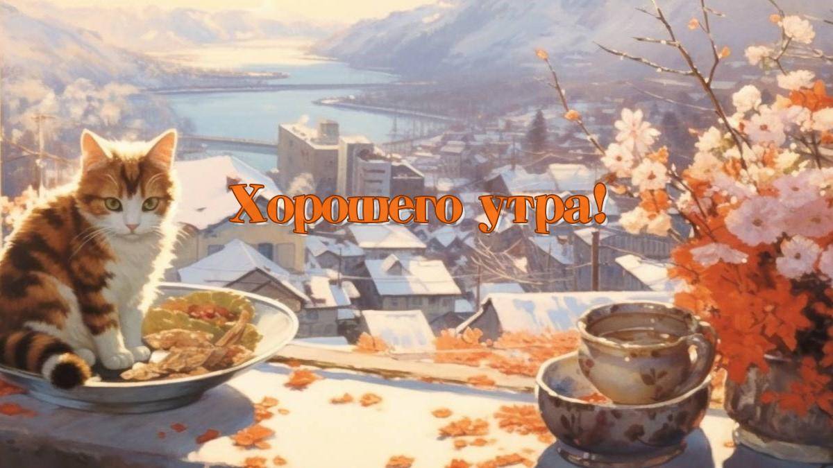 Кот на подоконнике с видом на город у воды
