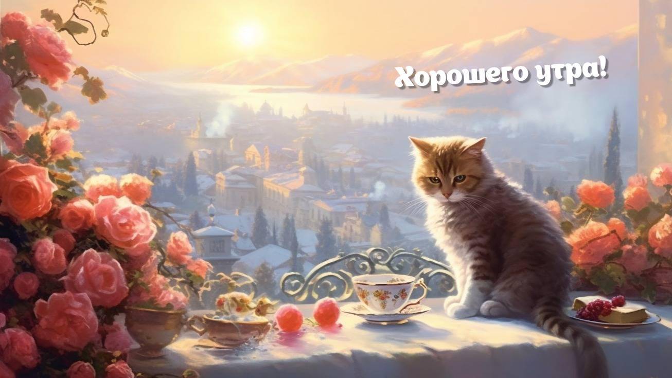 Кот на столе с розами и чашками чая