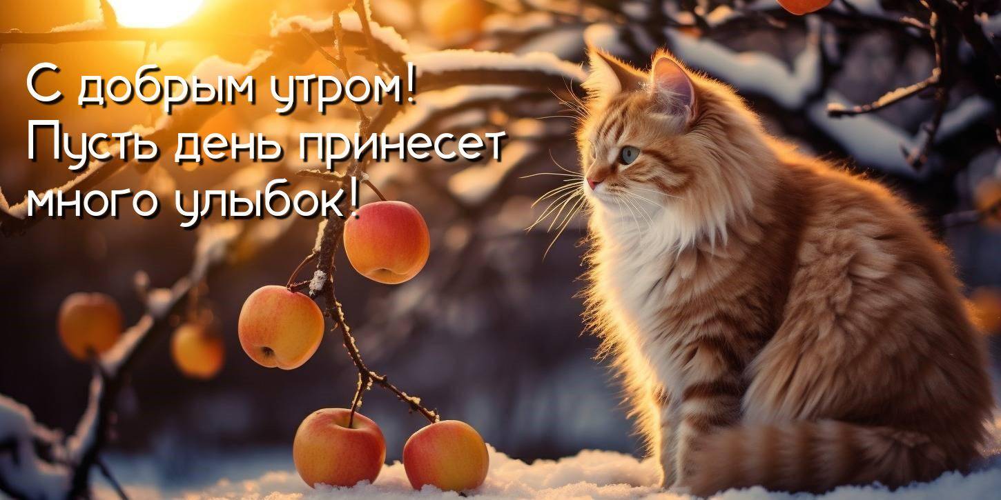Кот рядом с яблоками на снегу