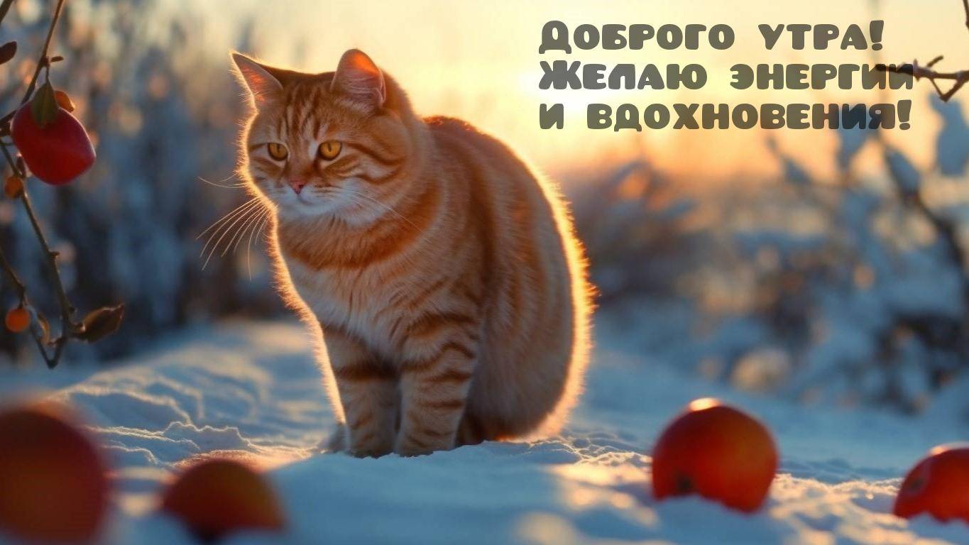 Кот с полосатой шерстью сидит на снегу