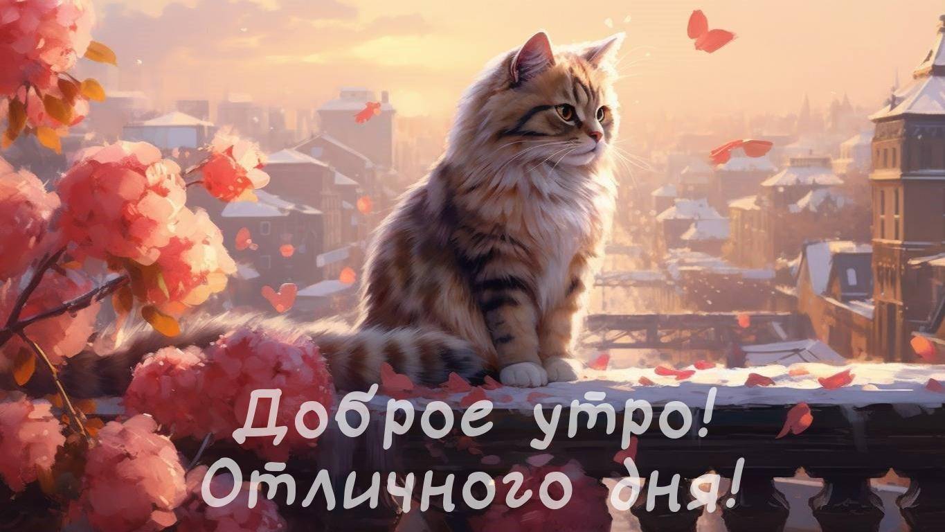 Кот смотрит на город среди цветущих деревьев