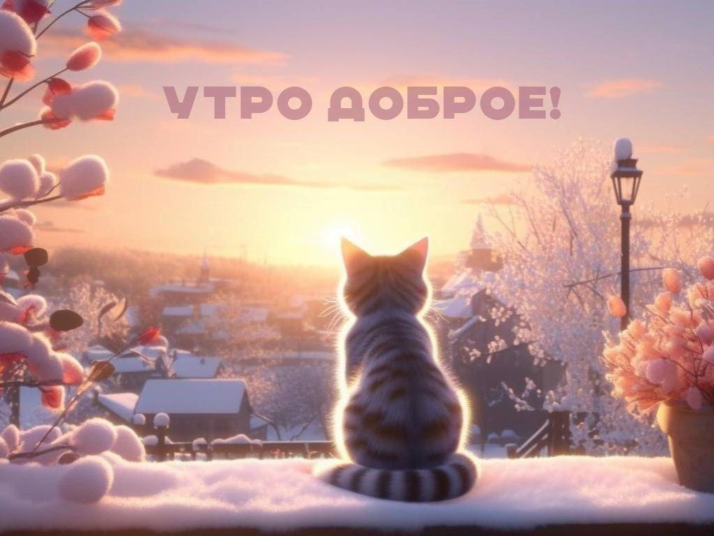 Кот смотрит на заснеженный город в мягком свете