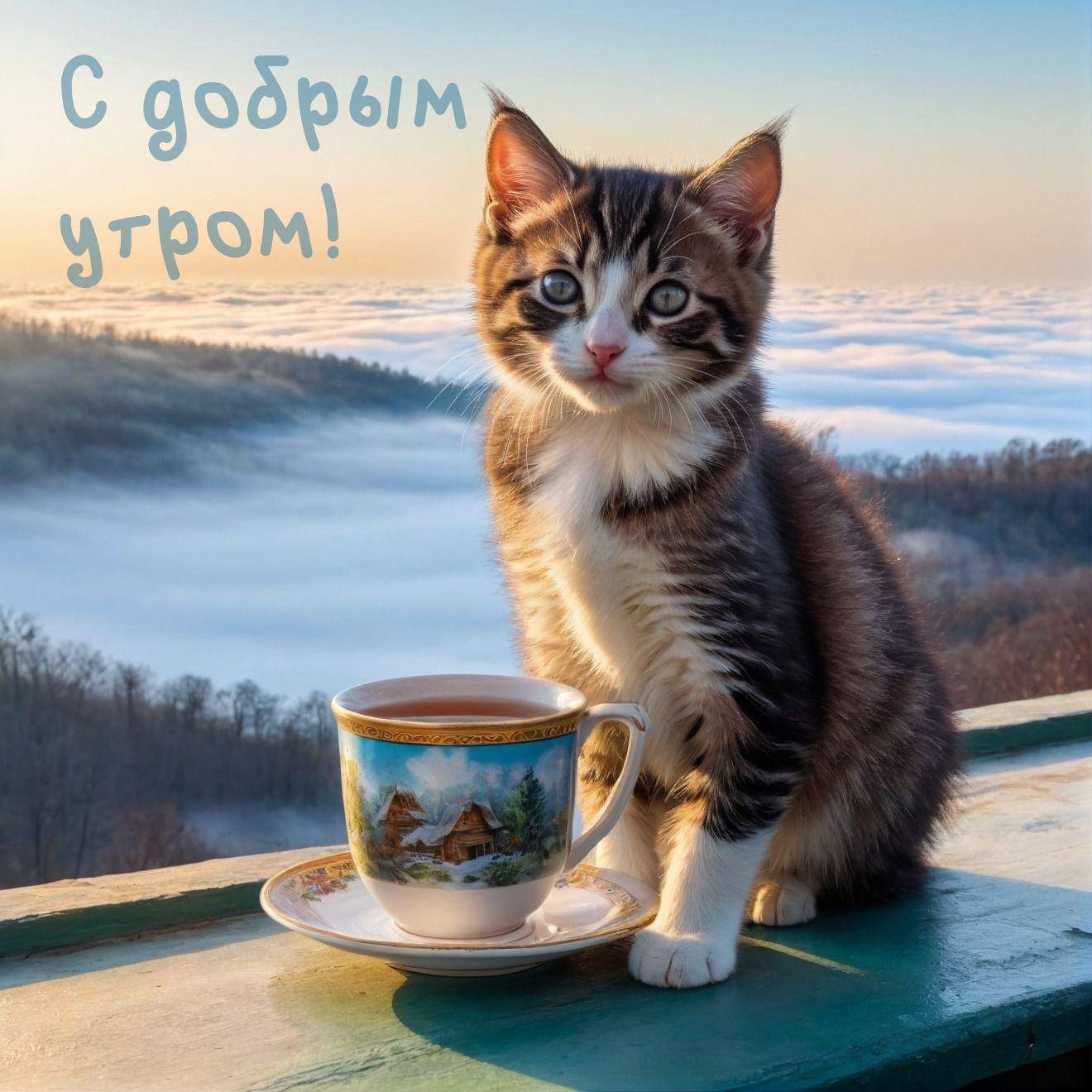Котенок рядом с чашкой кофе на фоне туманных холмов