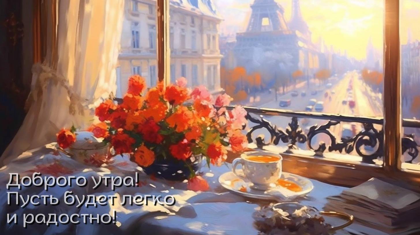 Красивый вид из окна, цветы и чашка кофе на подоконнике