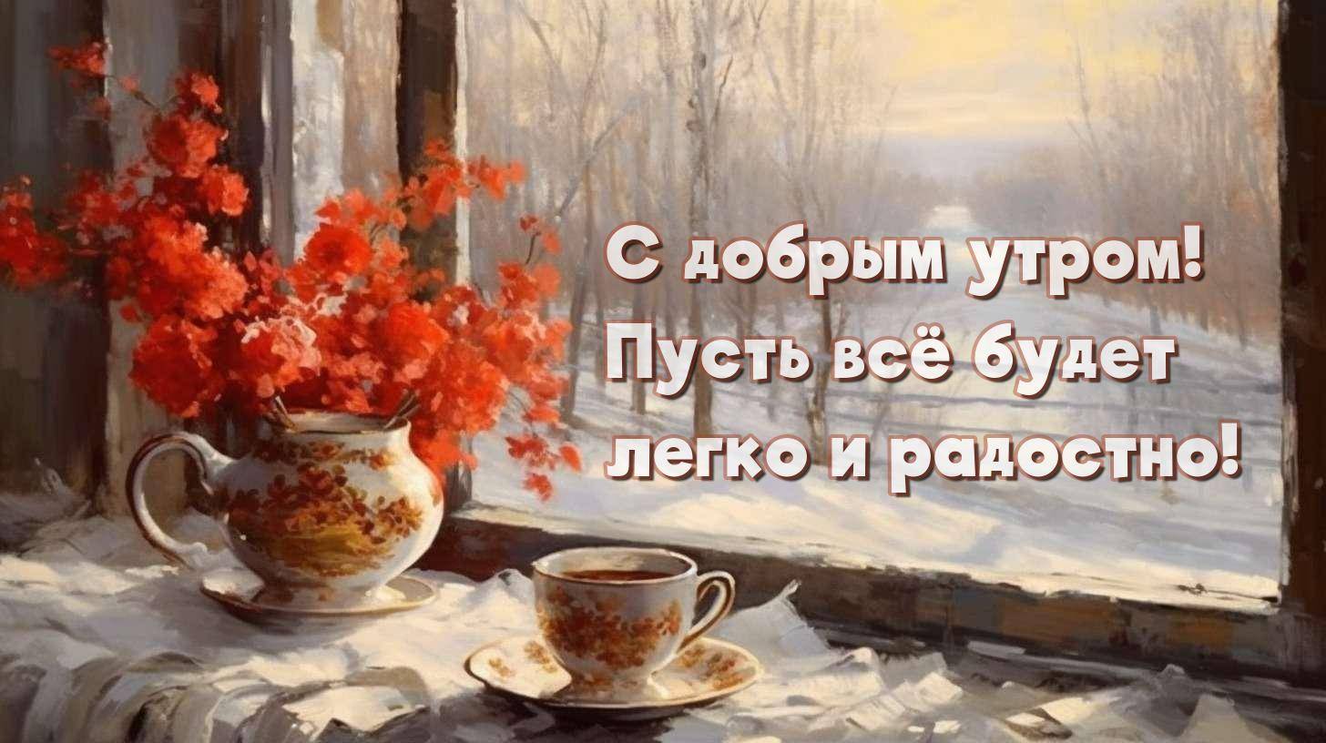 Красные цветы в вазе на подоконнике, чашка, снежный пейзаж за окном
