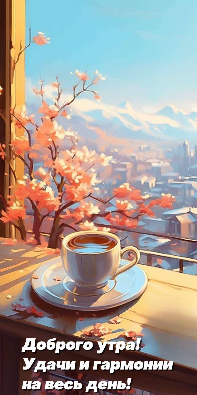 Кружка кофе на балконе, цветущие ветки, город с горами
