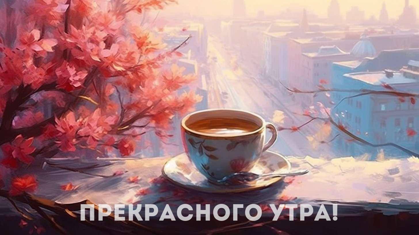 Кружка кофе на подоконнике, розовые цветы, городской пейзаж
