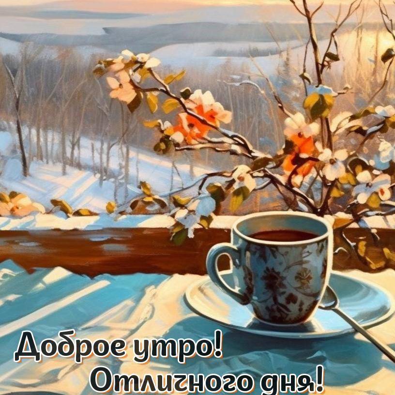 Кружка кофе на подоконнике с видом на заснеженный пейзаж