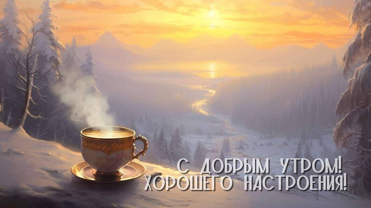 Кружка на снегу, зимний пейзаж с рекой