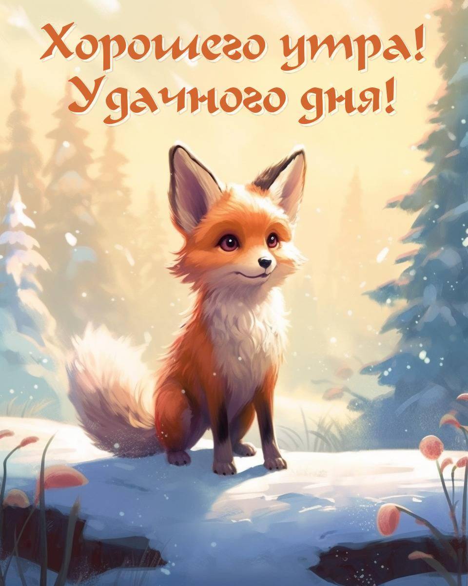 Лиса на снегу, солнечные лучи сквозь ели