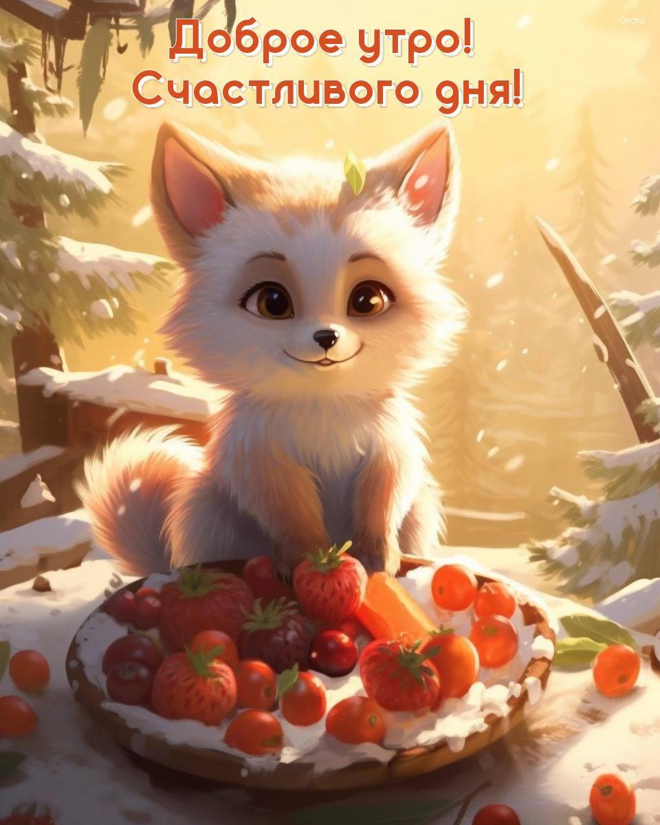 Лиса смотрит на тарелку ягод в лесу