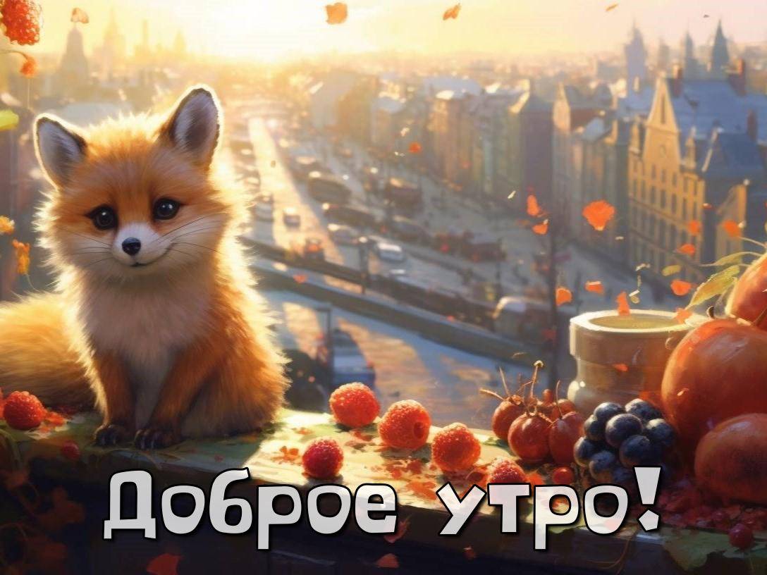 Лисенок на фоне городского пейзажа, осенние листья