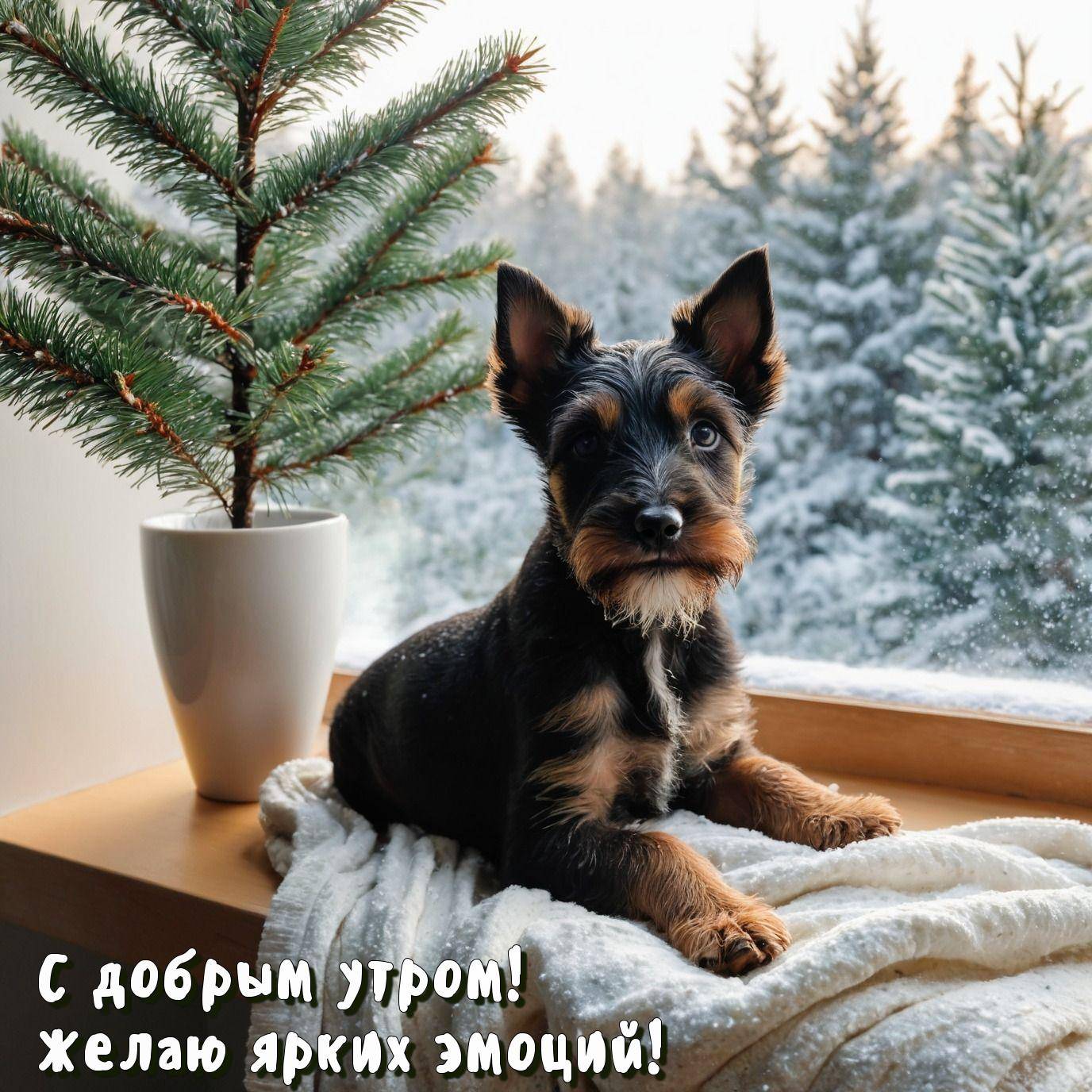 Маленькая собака на подоконнике, снег за окном