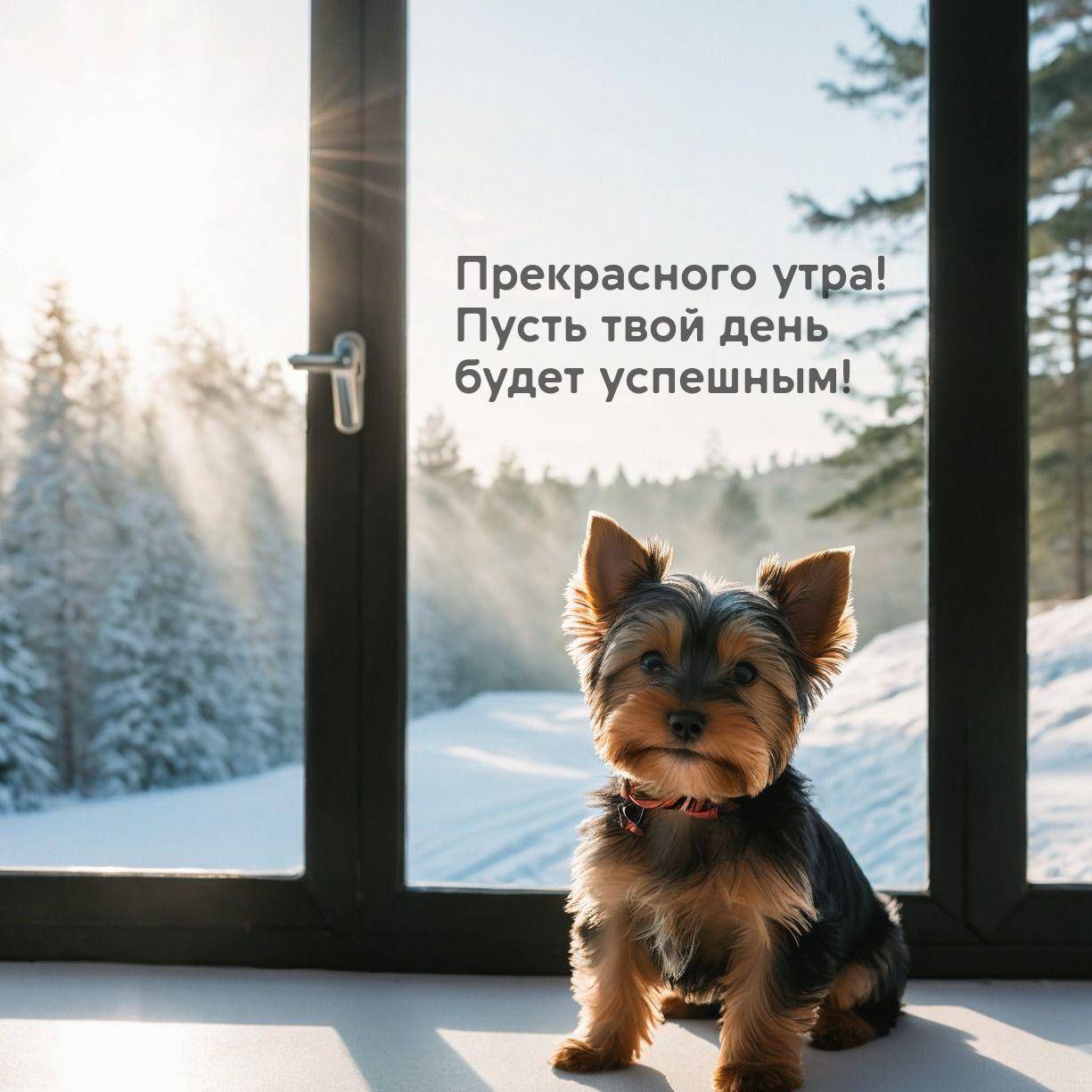 Маленькая собака на подоконнике, вид на заснеженные деревья