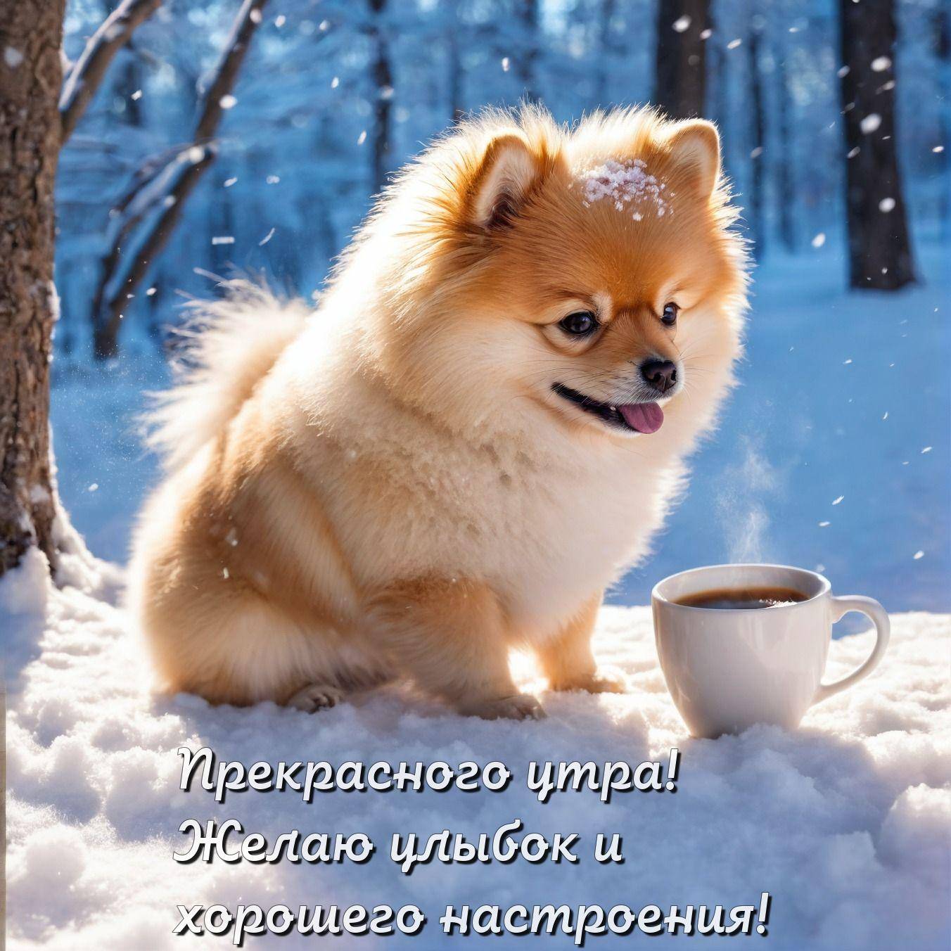 Маленькая собака породы шпиц на снегу рядом с чашкой
