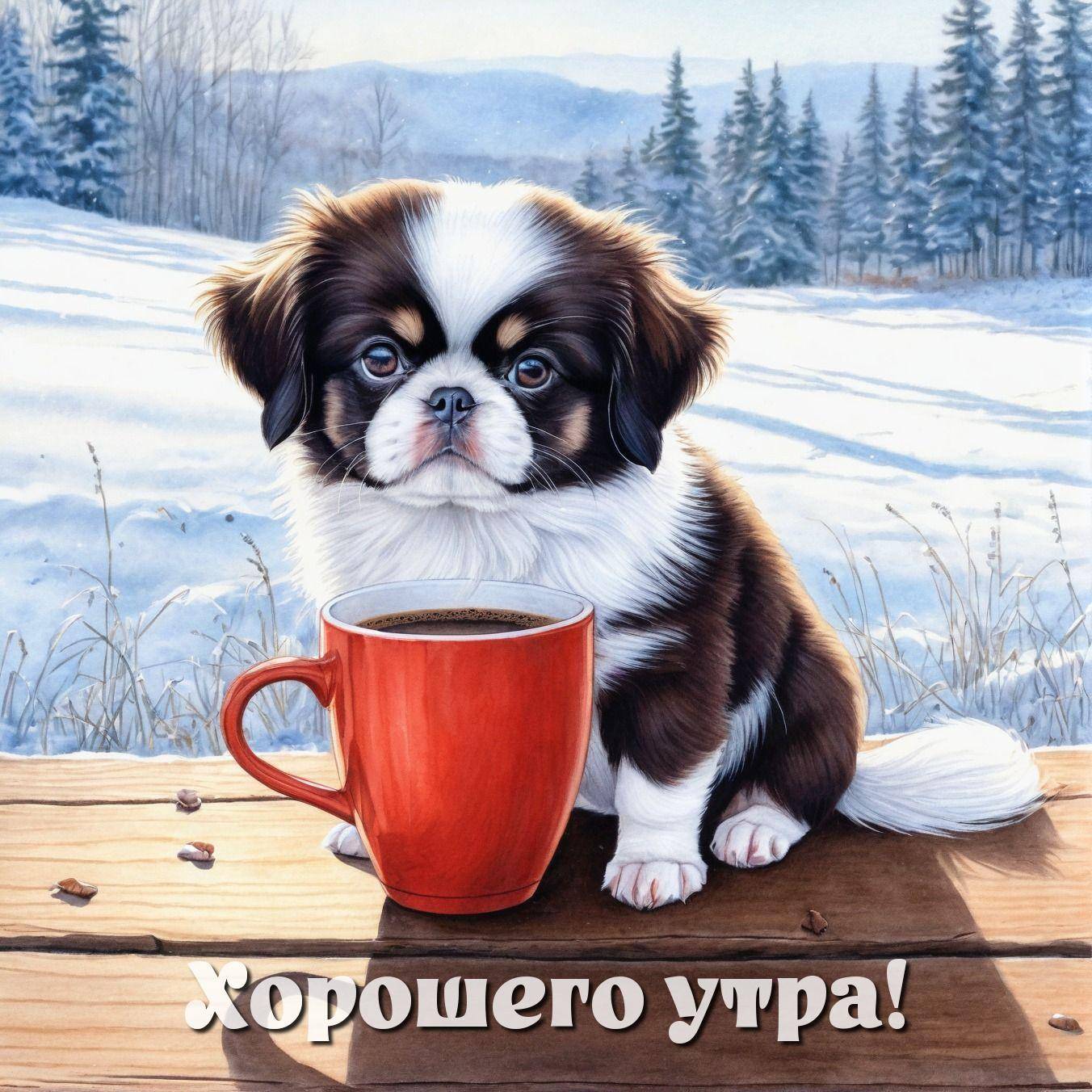 Маленькая собака рядом с кружкой на фоне заснеженных деревьев