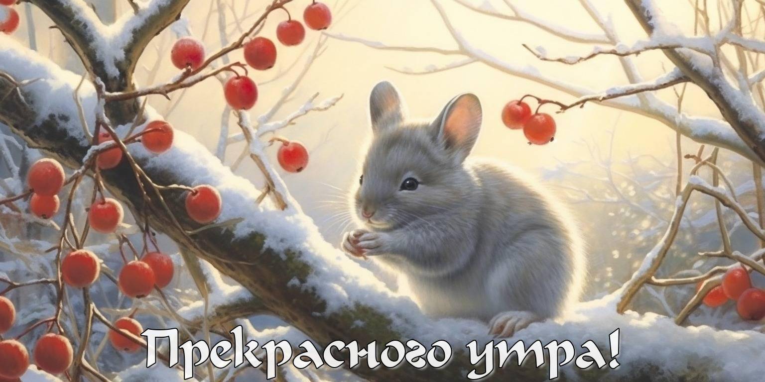 Маленький заяц среди заснеженных веток и ягод