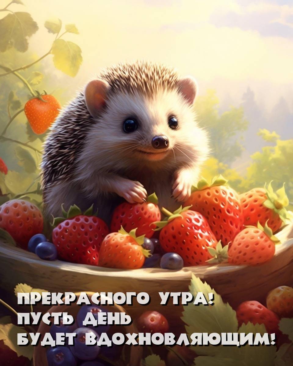 Милый ежик среди ягод клубники и черники