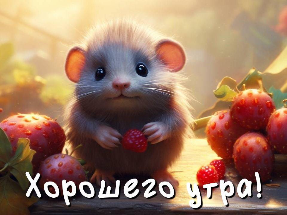 Милый хомяк держит землянику