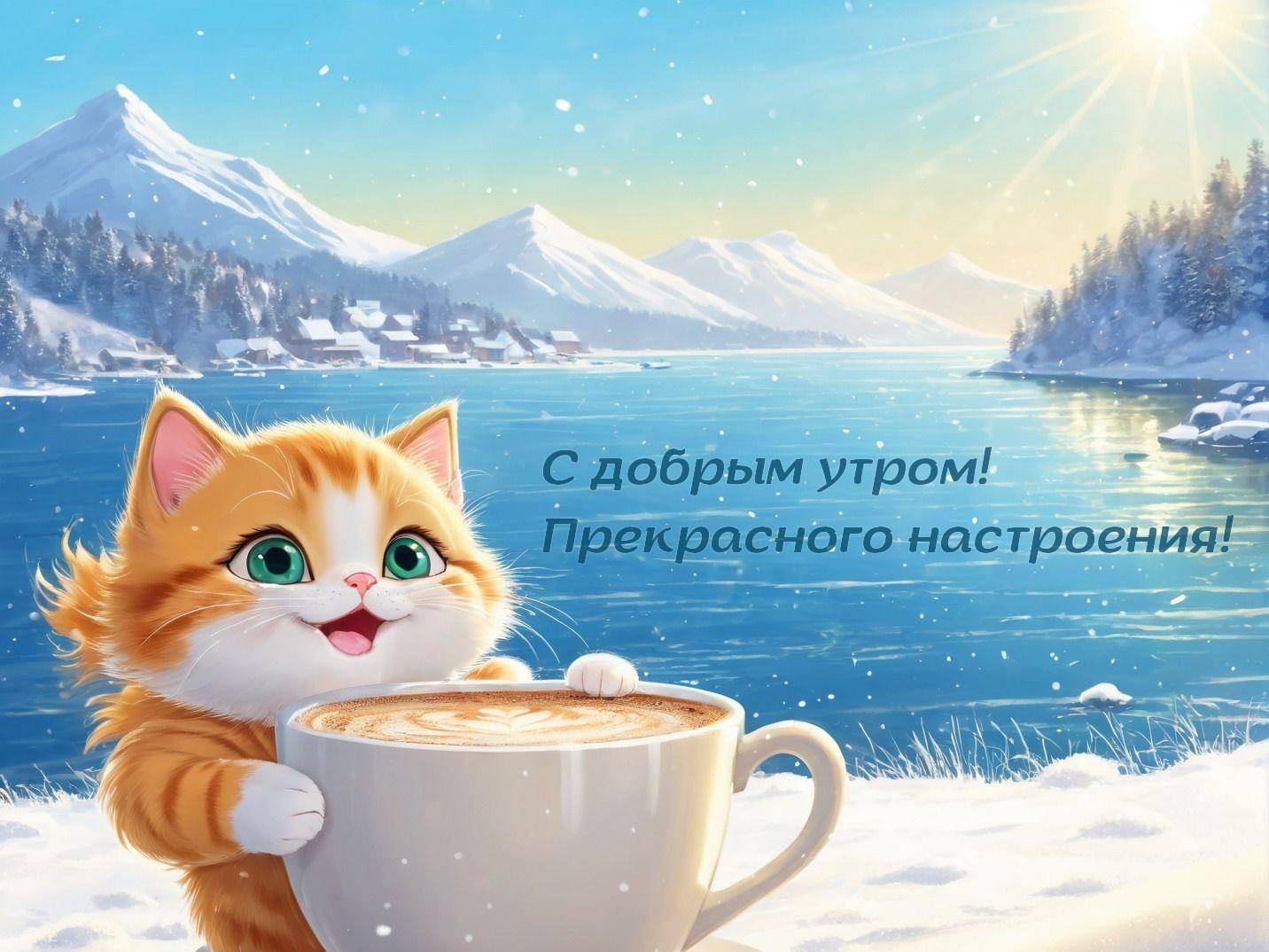 Милый кот держит чашку кофе на зимнем фоне