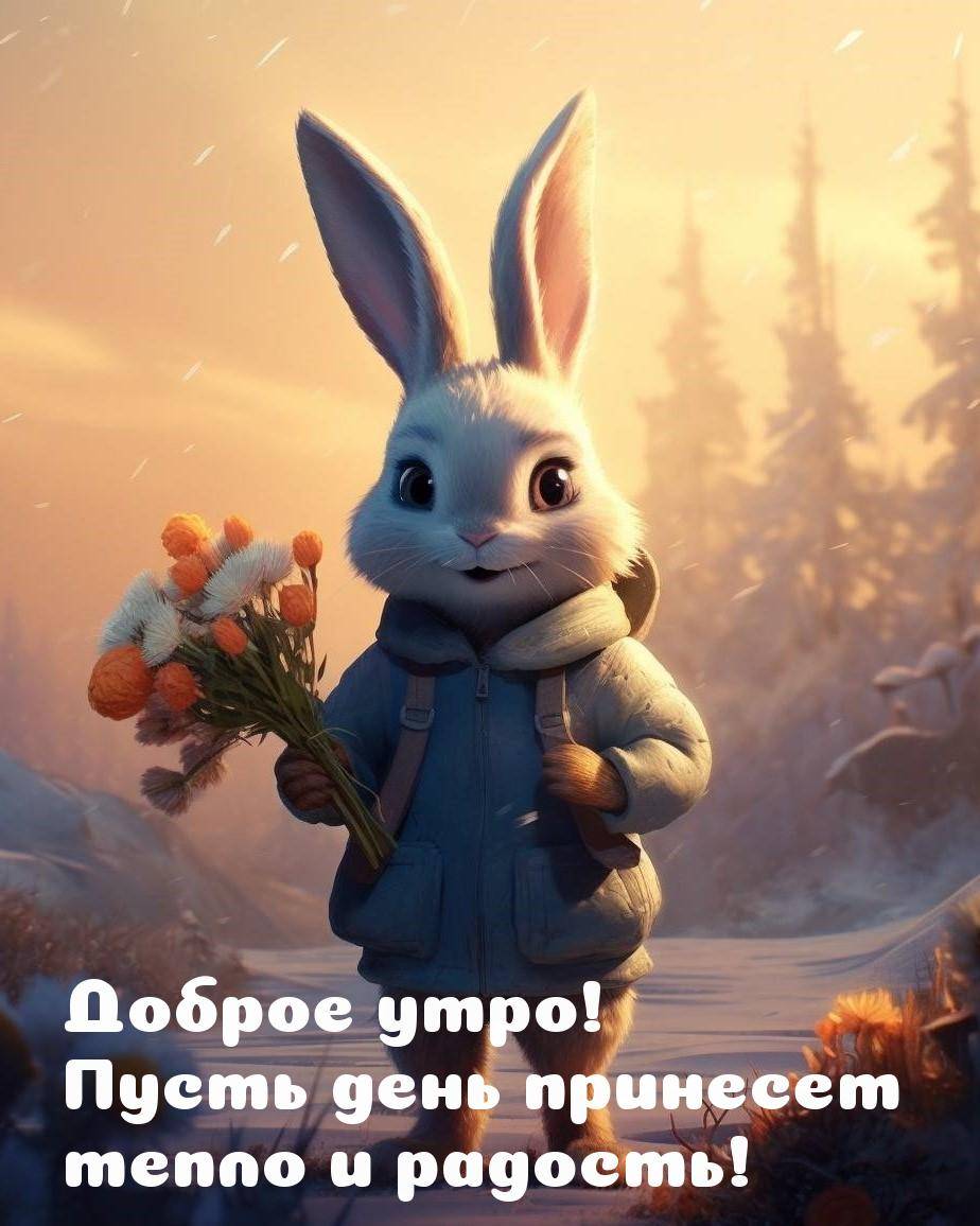 Милый кролик с букетом цветов на фоне леса
