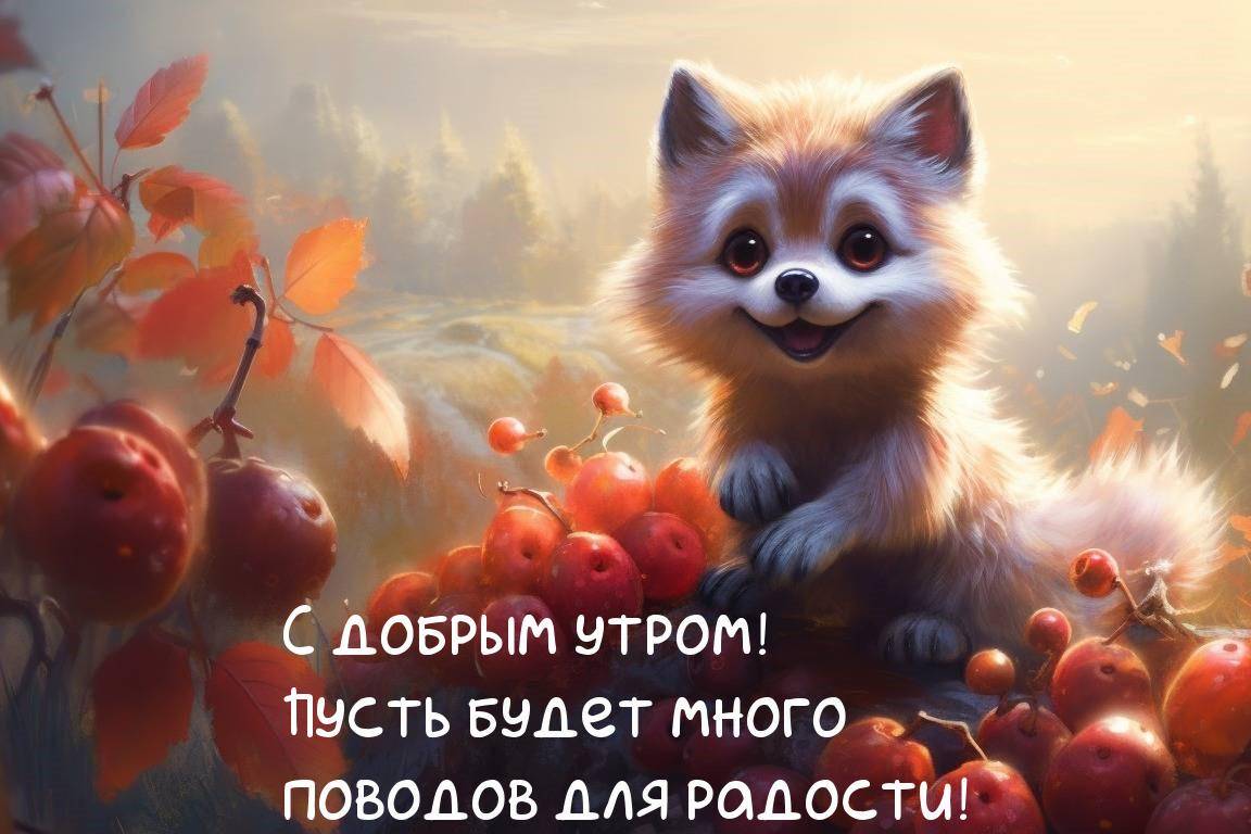 Милый лисенок среди ягод и листьев