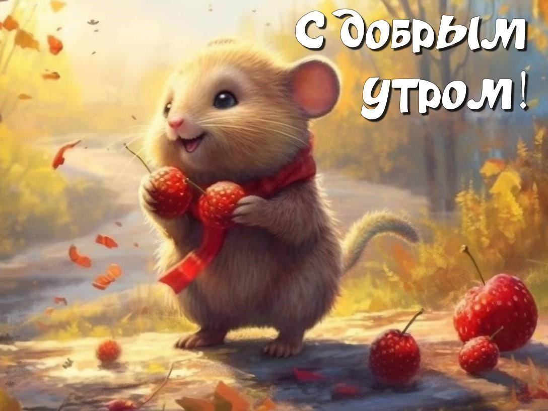 Милый мышонок с одуванчиком в осеннем лесу