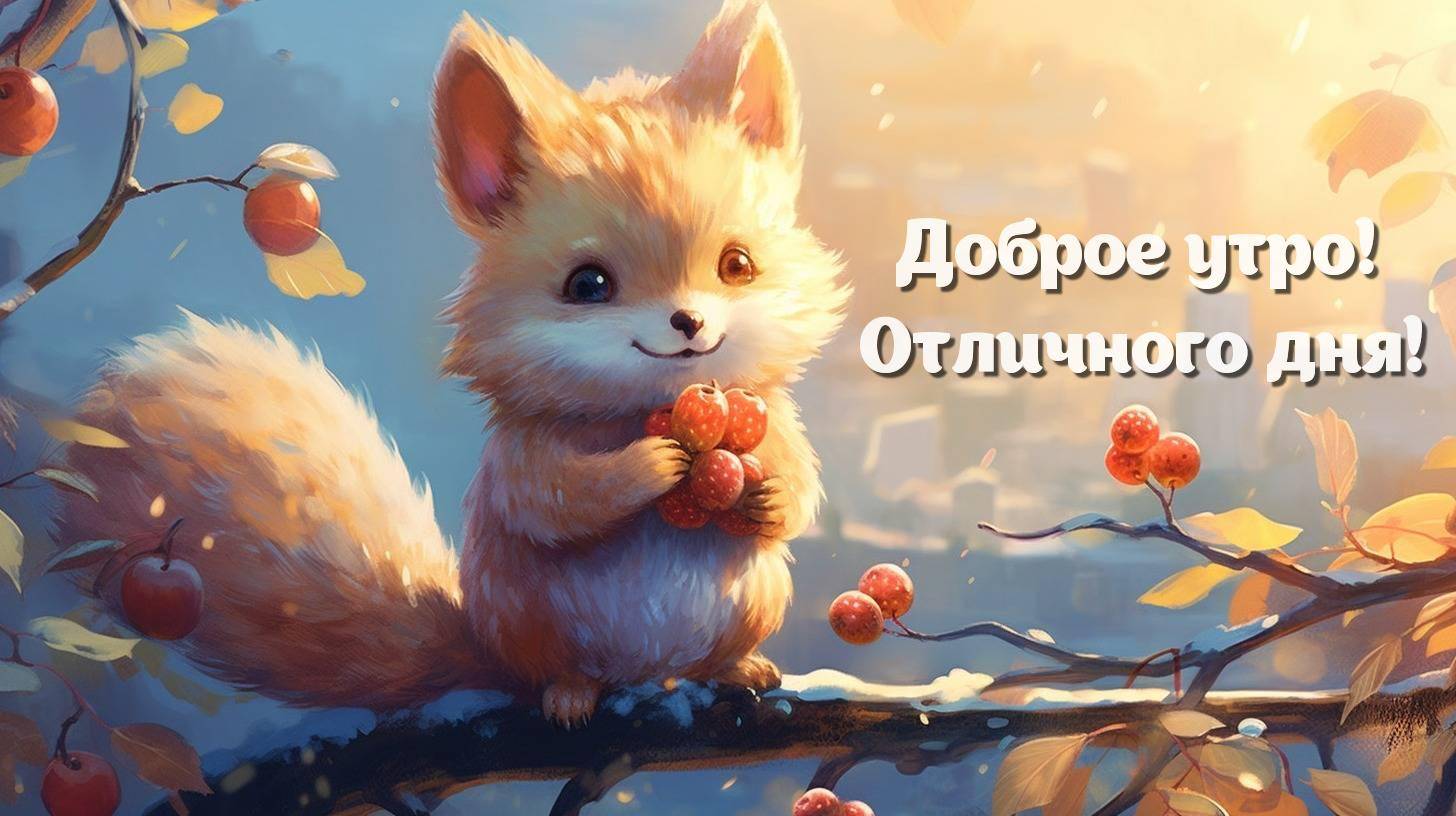 Милый пушистый лисенок держит ягоды на ветке