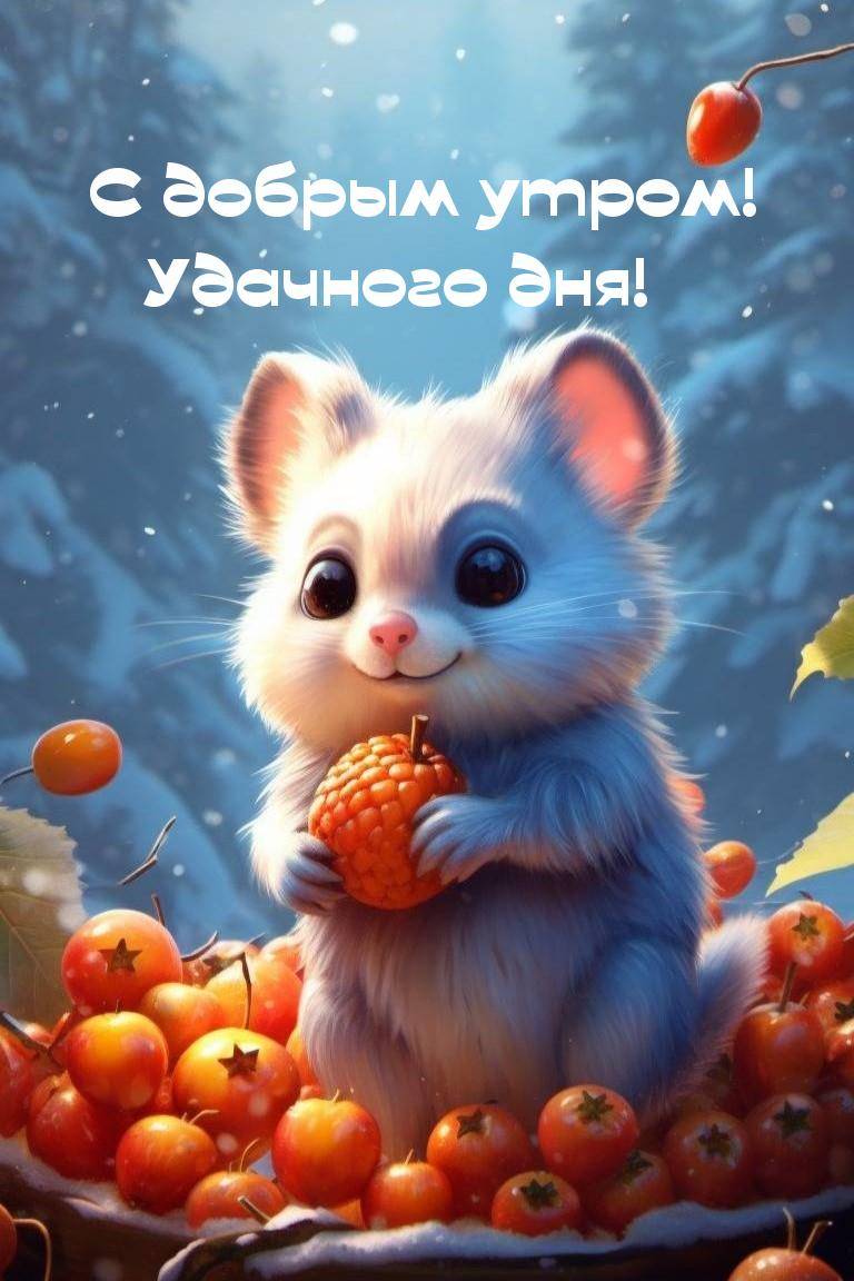 Милый пушистый зверек держит желудь среди ягод и снега